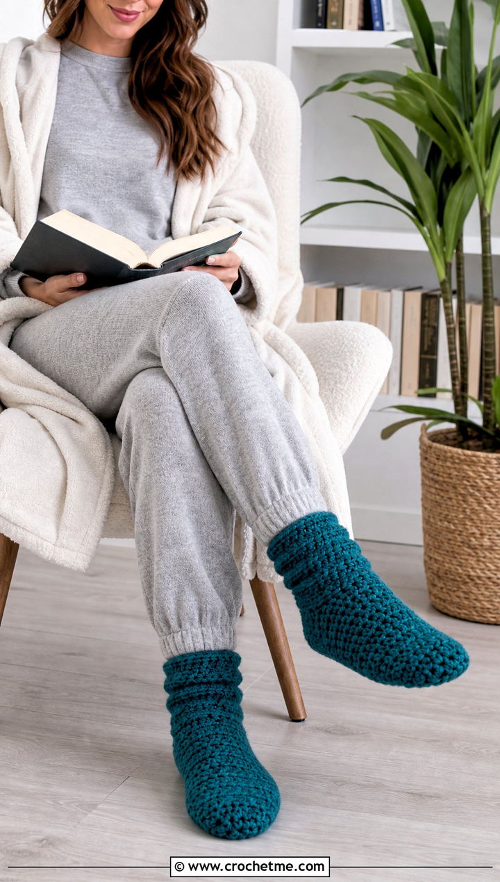 Chunky Crochet Slipper Socks With Knit Lounge Set - 35 easy crocheted socks outfit ideas