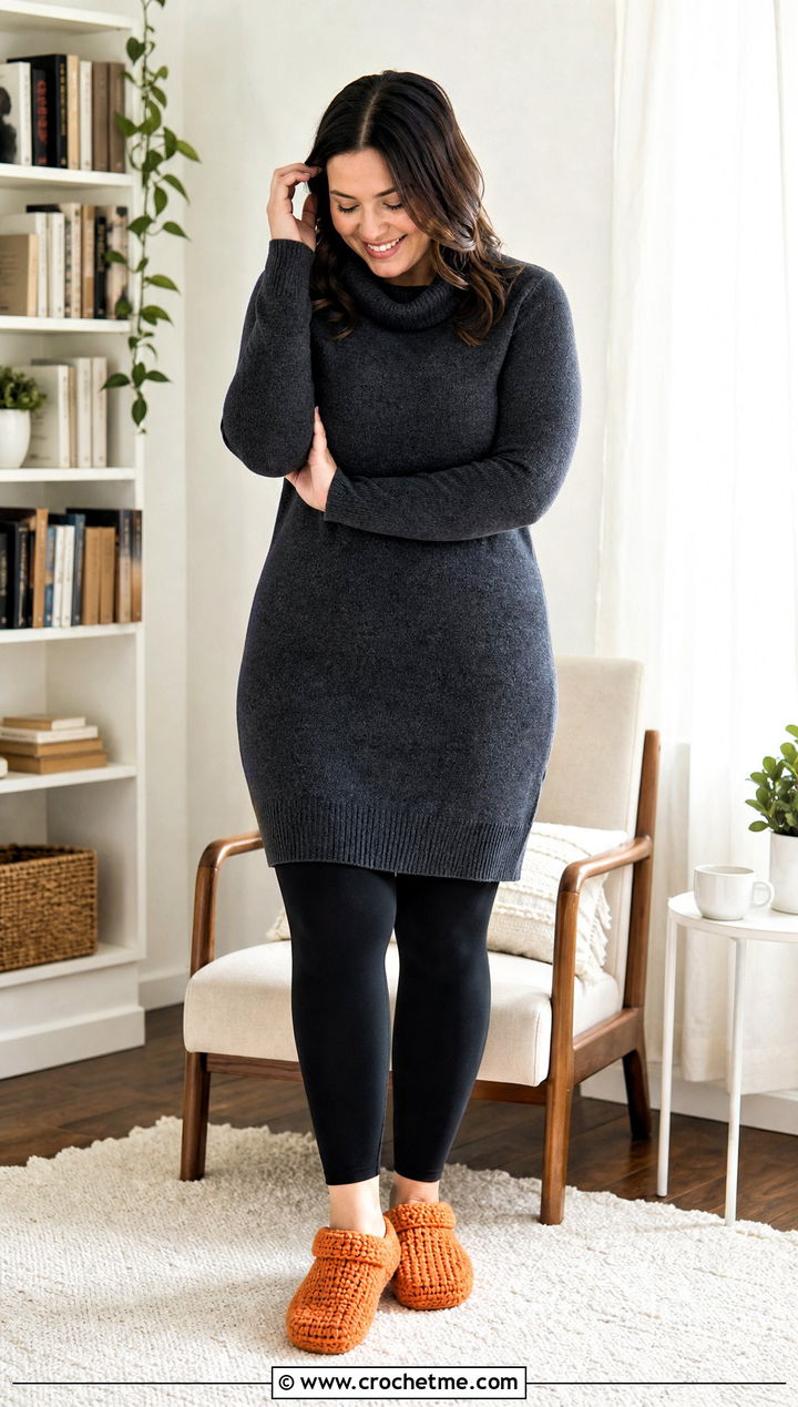 Chunky Crochet Slippers From Rectangle With Sweater Dress - 15 Crochet Slipper From Rectangle outfit ideas