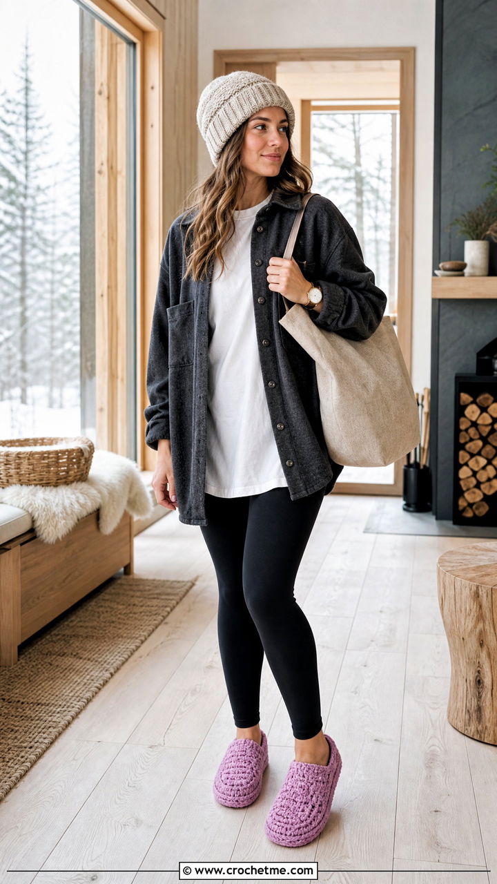 Chunky Crochet Slippers With A Shacket And Leggings - 35 crochet slipper outfit ideas