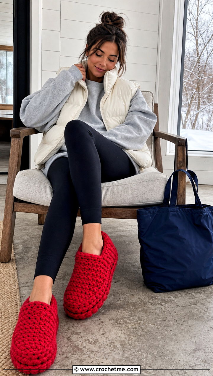 Chunky Crochet Slippers With Puffer Vest - 25 Quick Crochet Slippers outfit ideas