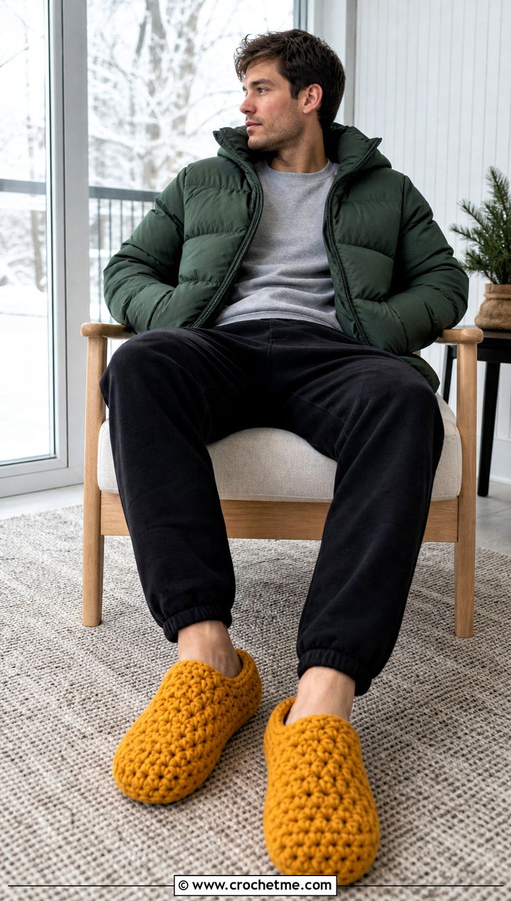 Chunky Crochet Slippers With a Puffer Jacket - 25 crochet slippers for men outfit ideas