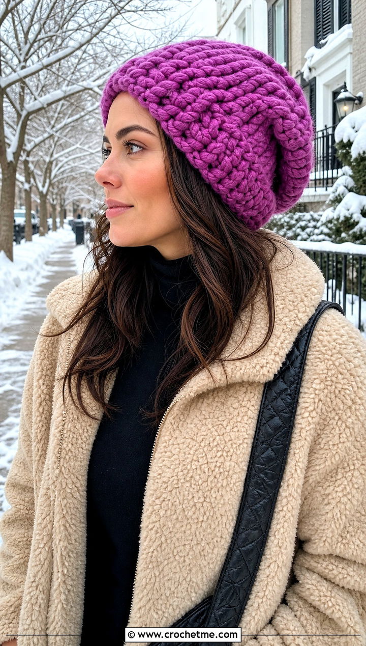 Chunky Crochet Slouch Beanie With Teddy Jacket And Leggings - 35 crochet slouch beanie outfit ideas