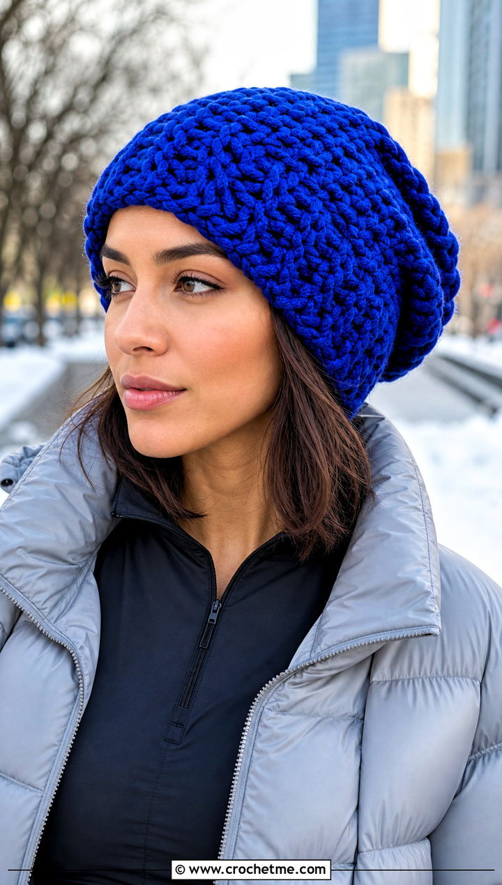 Chunky Crochet Slouch Hat With Puffer Jacket And Leggings - 25 easy crochet slouch hat outfit ideas