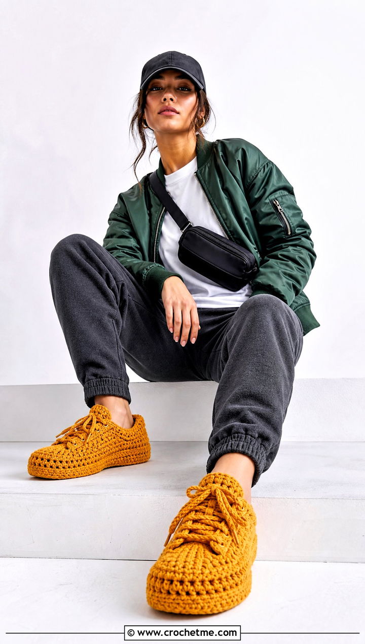 Chunky Crochet Sneaker Slippers With Joggers and Bomber Jacket - 30 chunky crochet slippers outfit ideas
