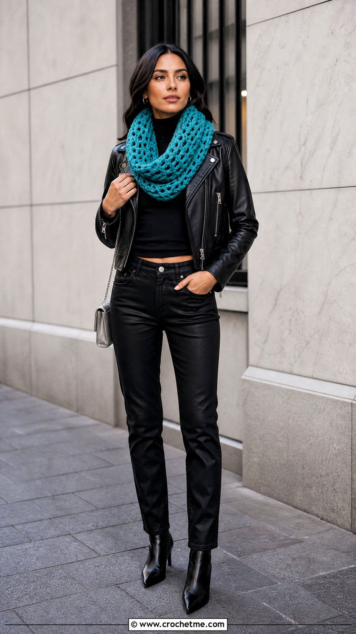 Chunky Crochet Snood Scarf With Biker Jacket - 35 chunky crochet scarf outfit ideas