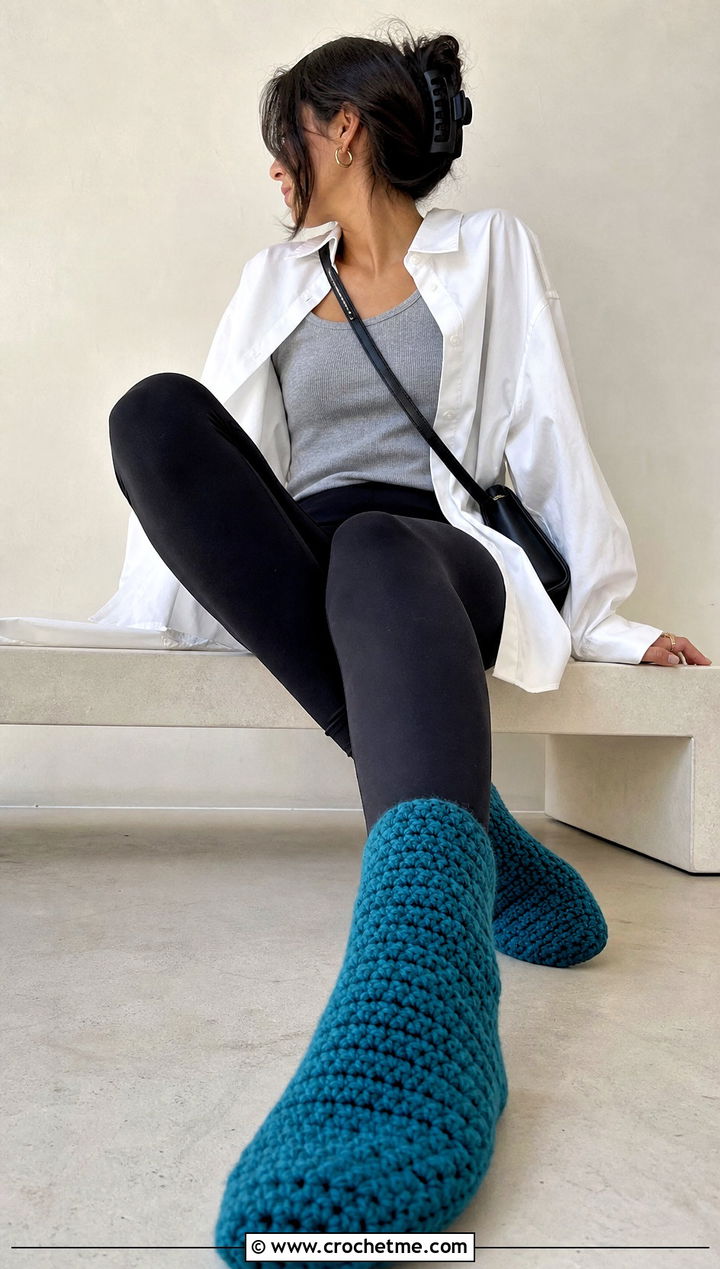 Chunky Crochet Sock Slippers With Oversized Shirt and Leggings - 30 chunky crochet slippers outfit ideas