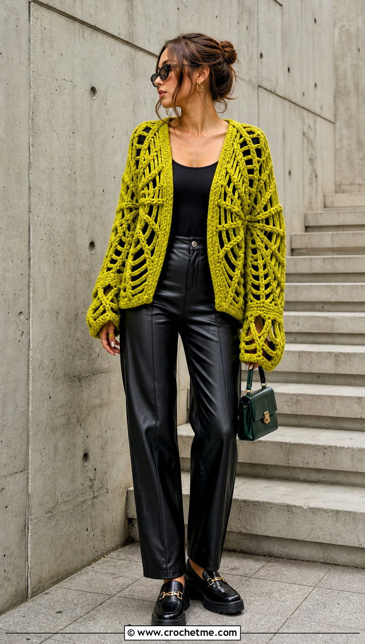 Chunky Crochet Spider Web Cardigan With Leather Pants - 25 Crochet Spider Web Cardigan outfit ideas