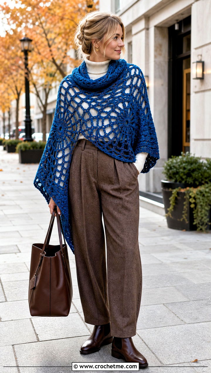 Chunky Crochet Spiderweb Shawl With Wool Trousers - 30 Crochet Spiderweb Shawl outfit ideas