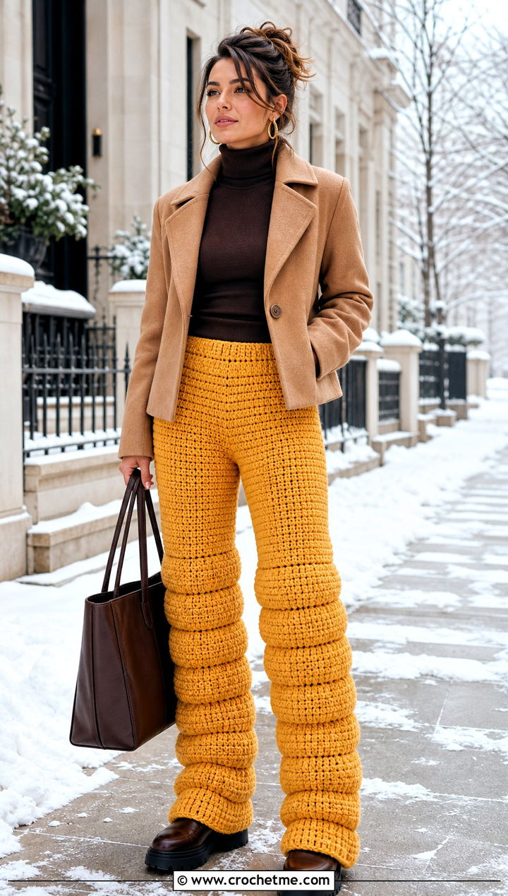 Chunky Crochet Stacked Pants With Turtleneck Sweater - 25 Crochet Stacked Pants outfit ideas