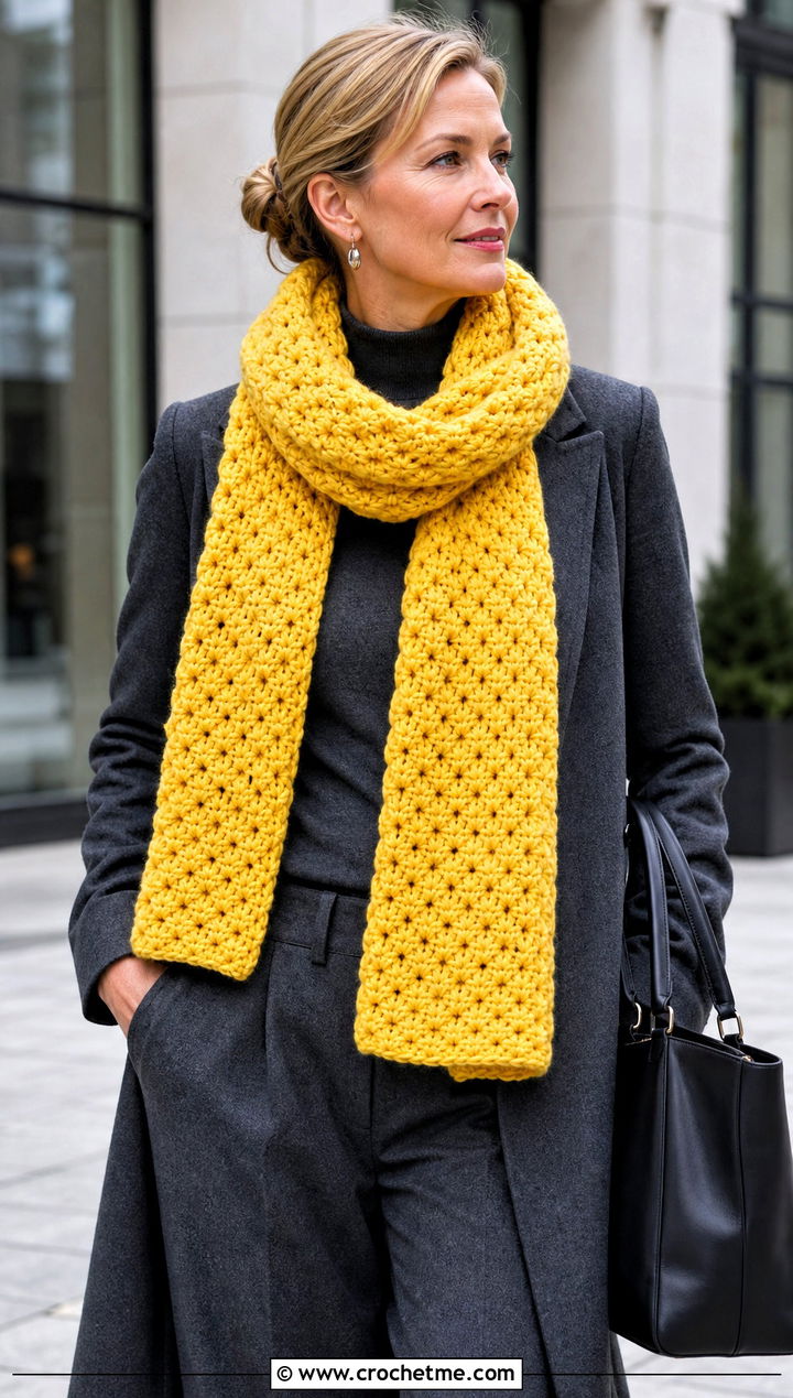 Chunky Crochet Star Stitch Scarf With Tailored Workwear - 25 Crochet Star Stitch Scarf outfit ideas