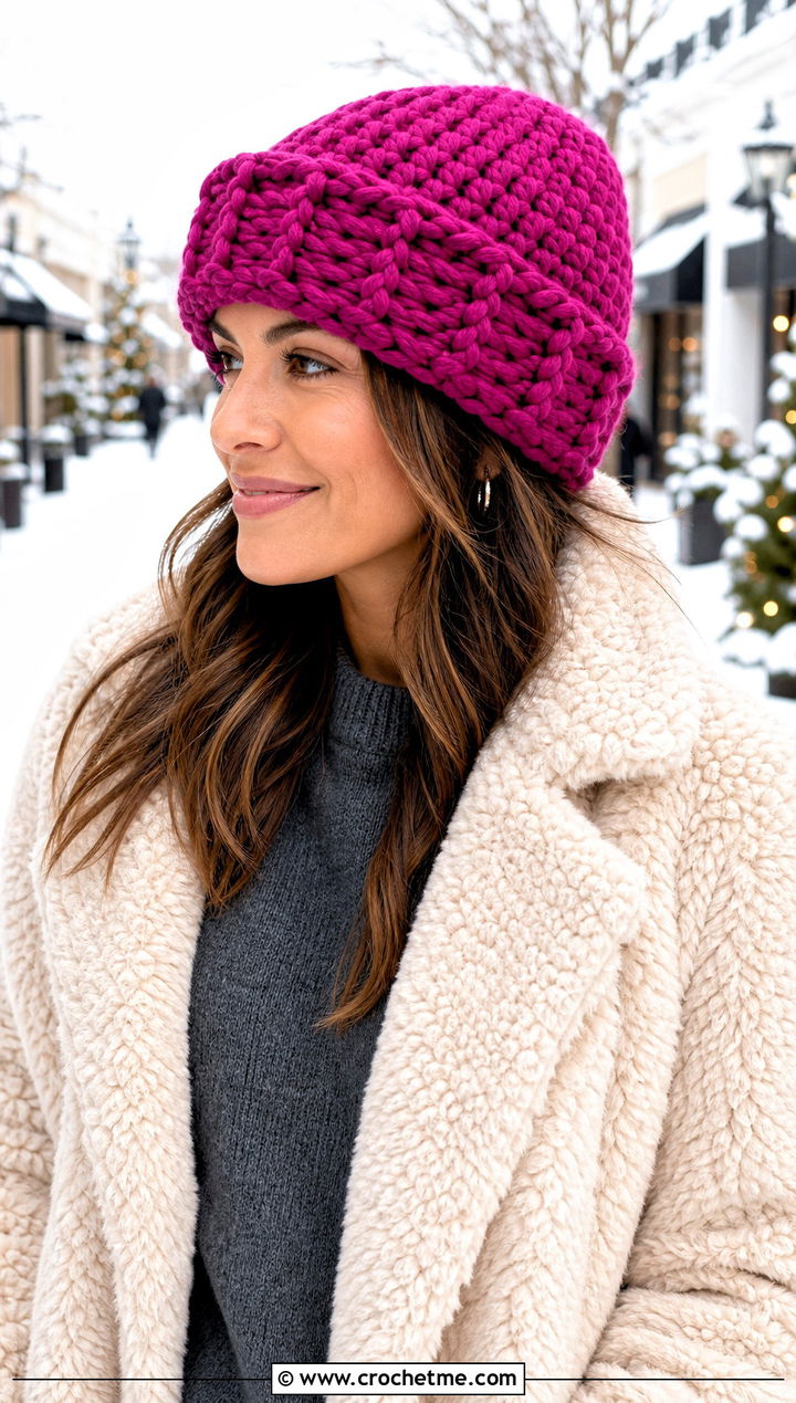 Chunky Crochet Stocking Cap With Teddy Coat - 30 crochet stocking cap outfit ideas