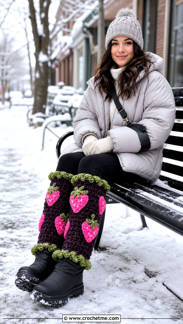 Chunky Crochet Strawberry Leg Warmers With Puffer Coat - 15 Crochet Strawberry Leg Warmers outfit ideas