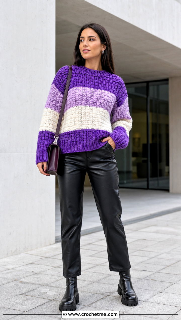 Chunky Crochet Striped Sweater With Leather Pants - 15 Crochet Stripped Sweater outfit ideas