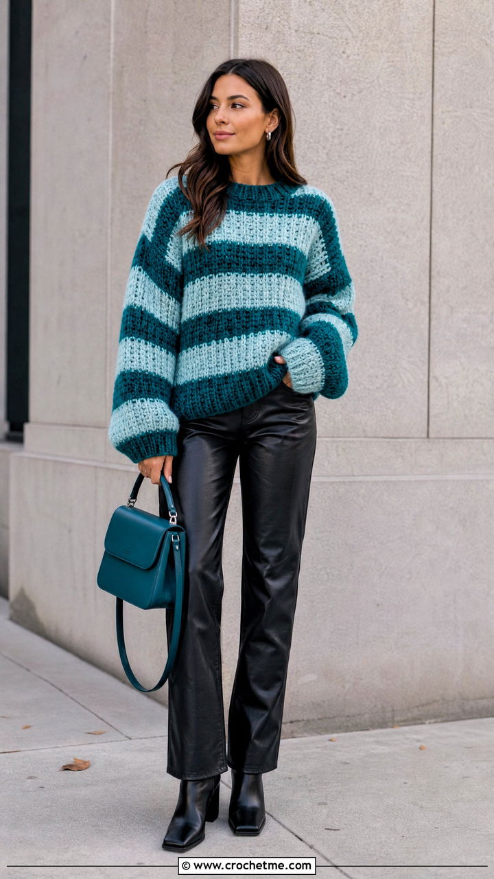 Chunky Crochet Striped Sweater With Leather Pants - 35 crochet striped sweater outfit ideas