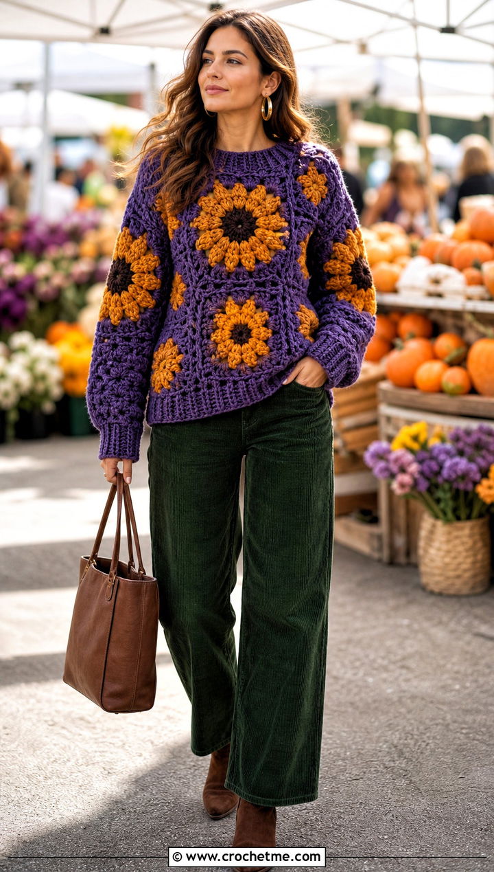 Chunky Crochet Sunflower Sweater With Corduroy Pants - 35 crochet sunflower sweater outfit ideas