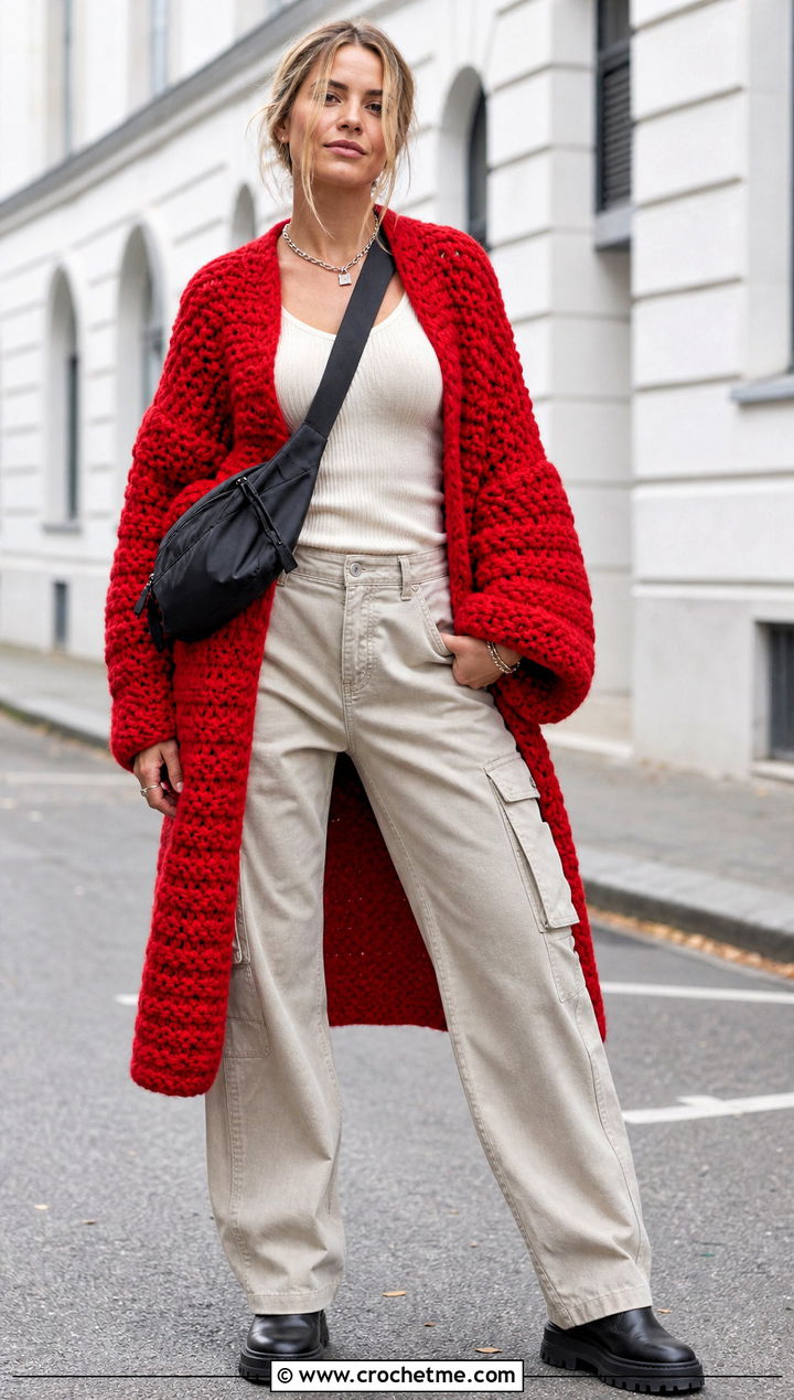 Chunky Crochet Sweater Coat With Cargo Pants And Boots - 20 Crochet Sweater Coat outfit ideas