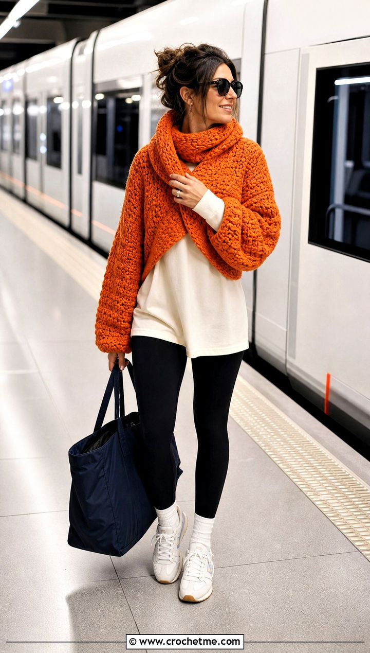 Chunky Crochet Sweater Scarf With Sleeves And Leggings - 25 crochet sweater scarf with sleeves outfit ideas