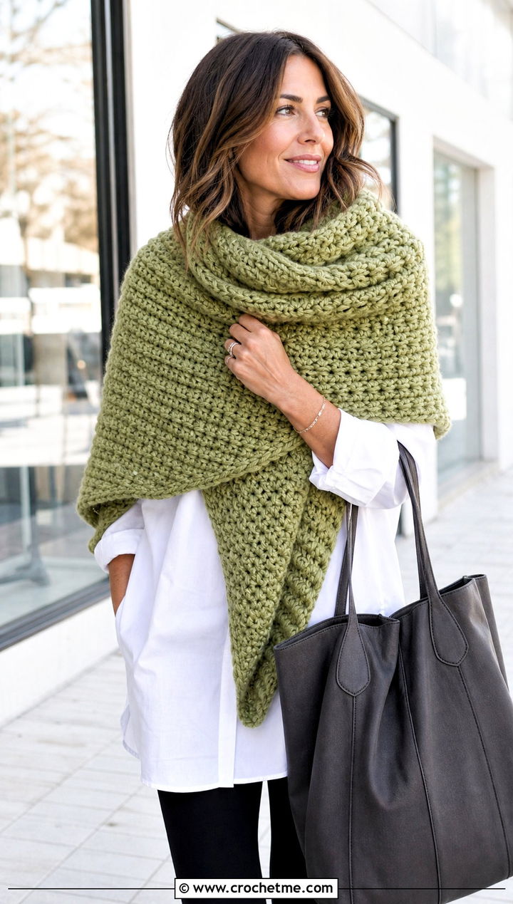 Chunky Crochet Sweater Scarf Wrap With Leggings - 30 crochet scarf sweater wrap outfit ideas