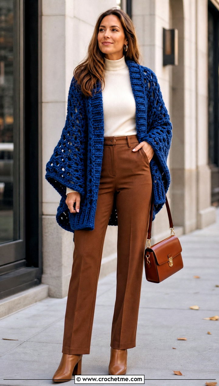 Chunky Crochet Sweater Shawl With Straight Leg Trousers - 25 crochet sweater shawl outfit ideas