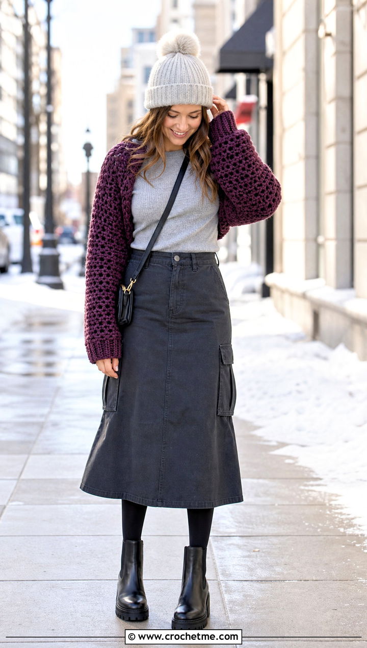 Chunky Crochet Sweater Shrug With Cargo Skirt - 30 crochet sweater shrug outfit ideas