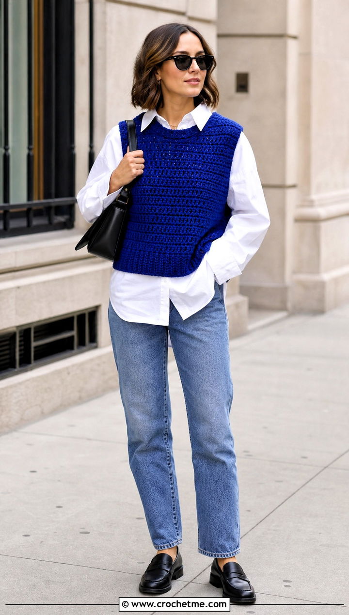 Chunky Crochet Sweater Vest With Oversized Shirt And Jeans - 25 chunky yarn crochet sweater outfit ideas