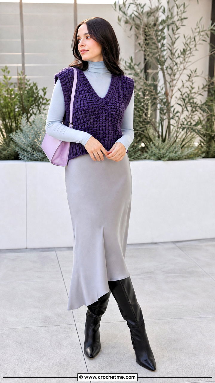 Chunky Crochet Sweater Vest With Slip Skirt - 35 crochet sweater vest outfit ideas