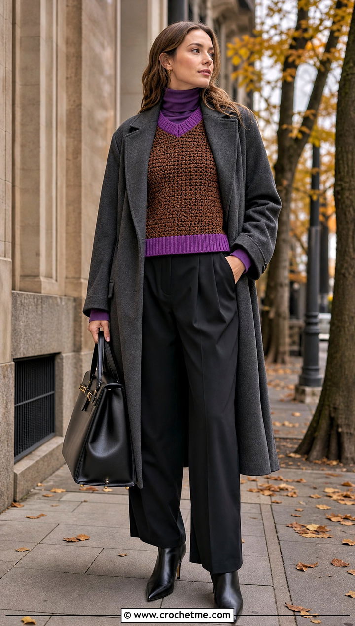 Chunky Crochet Sweater Vest With Turtleneck And Pleated Pants - 15 brown crochet vest outfit ideas