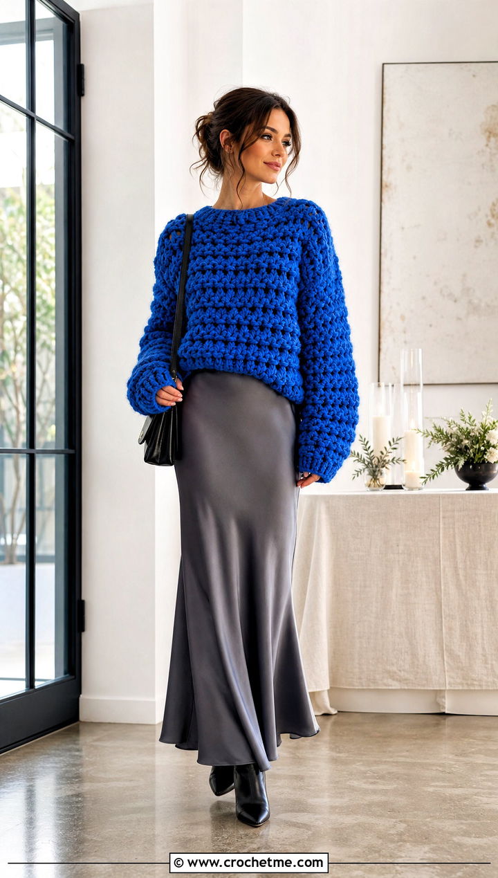 Chunky Crochet Sweater With Bias Cut Maxi Skirt - 30 cozy crochet sweater outfit ideas