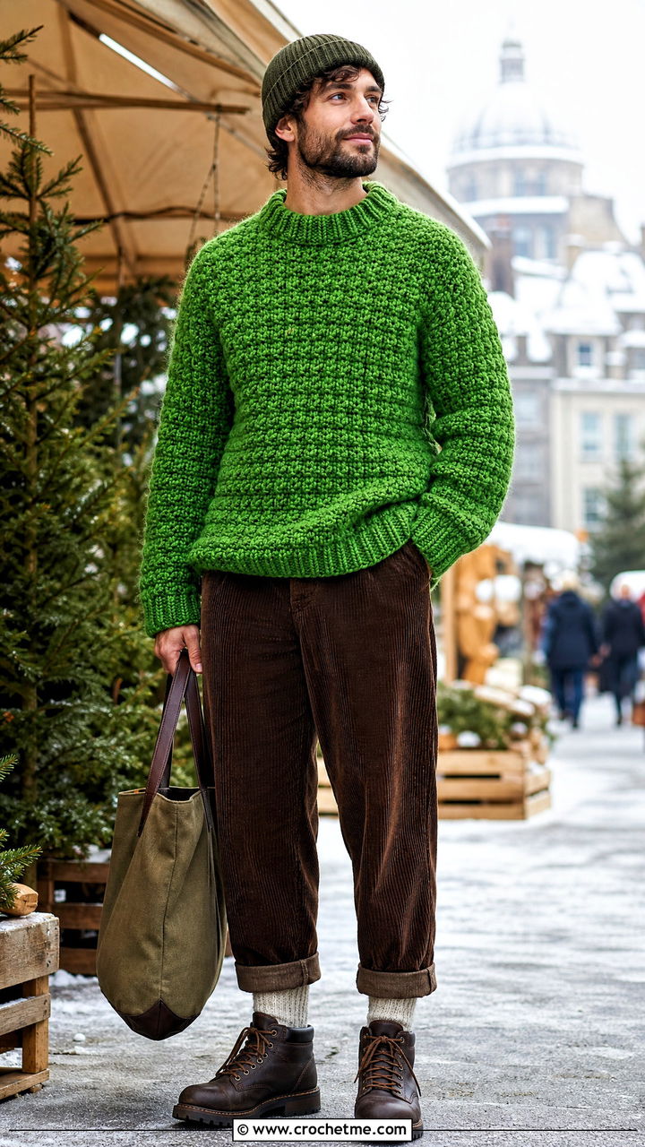 Chunky Crochet Sweater With Corduroy Pants - 35 crochet sweater for men outfit ideas