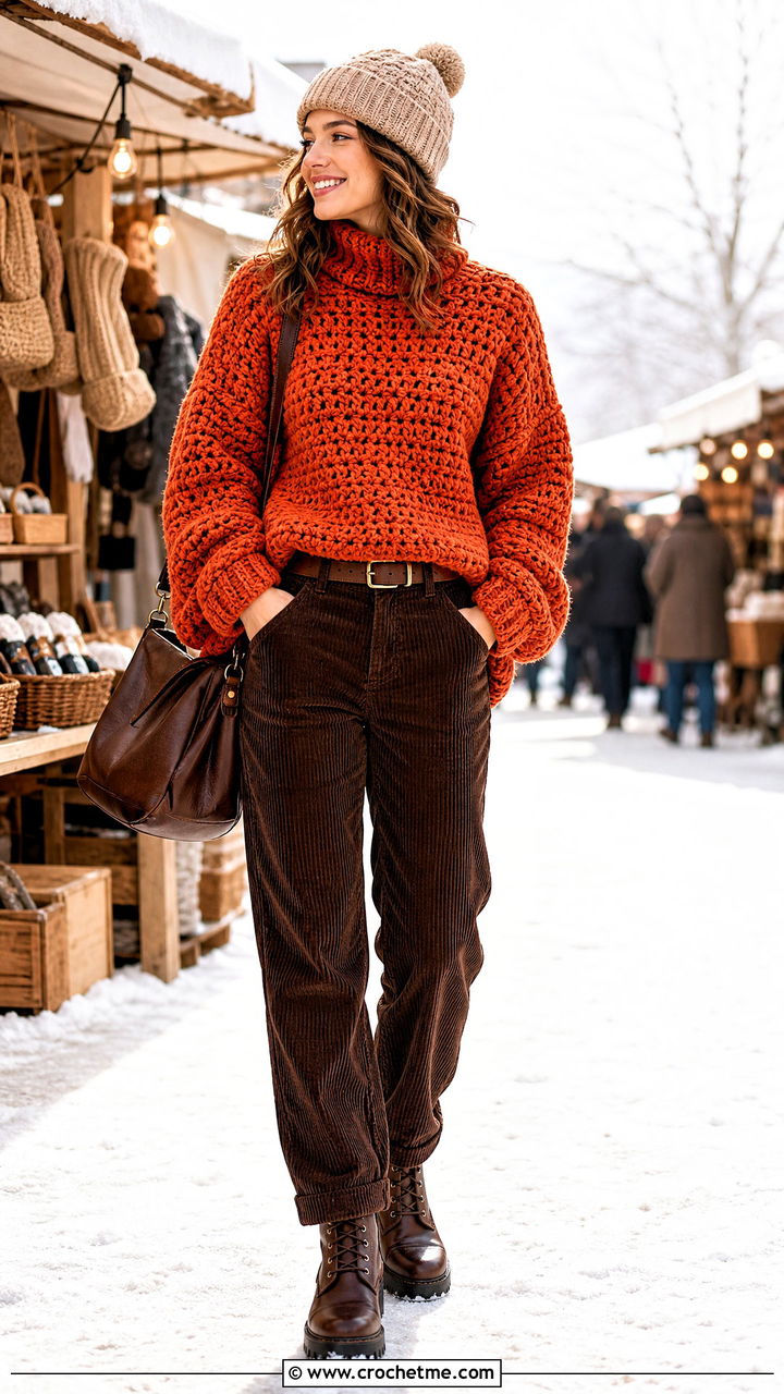 Chunky Crochet Sweater With Corduroy Pants - 35 crochet sweater ideas