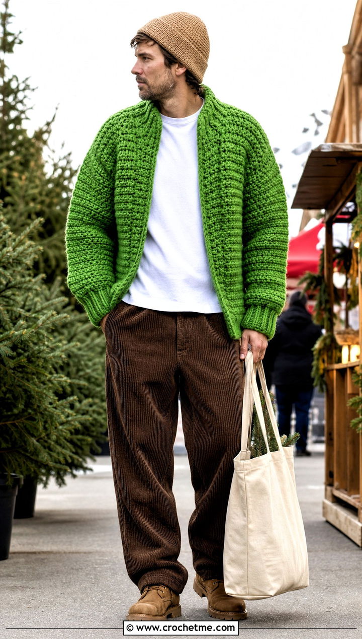 Chunky Crochet Sweater With Corduroy Pants - 25 man crochet sweater outfit ideas