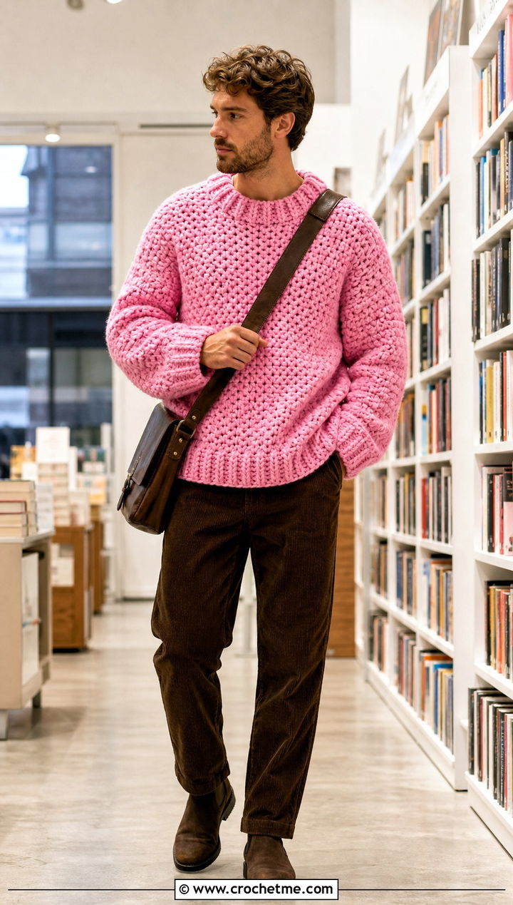 Chunky Crochet Sweater With Corduroy Pants - 30 male crochet sweater outfit ideas
