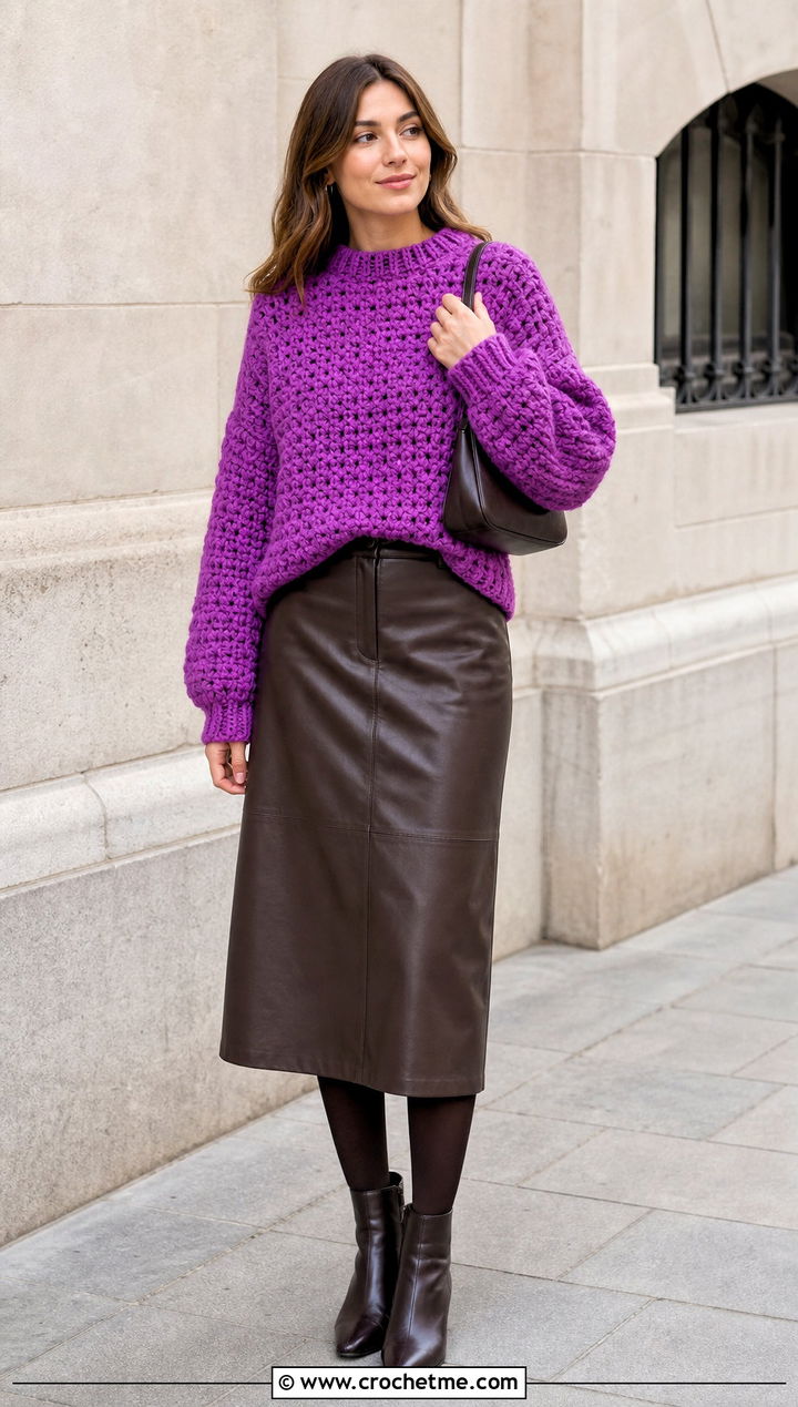 Chunky Crochet Sweater With Leather Midi Skirt - 35 cute crochet clothes ideas