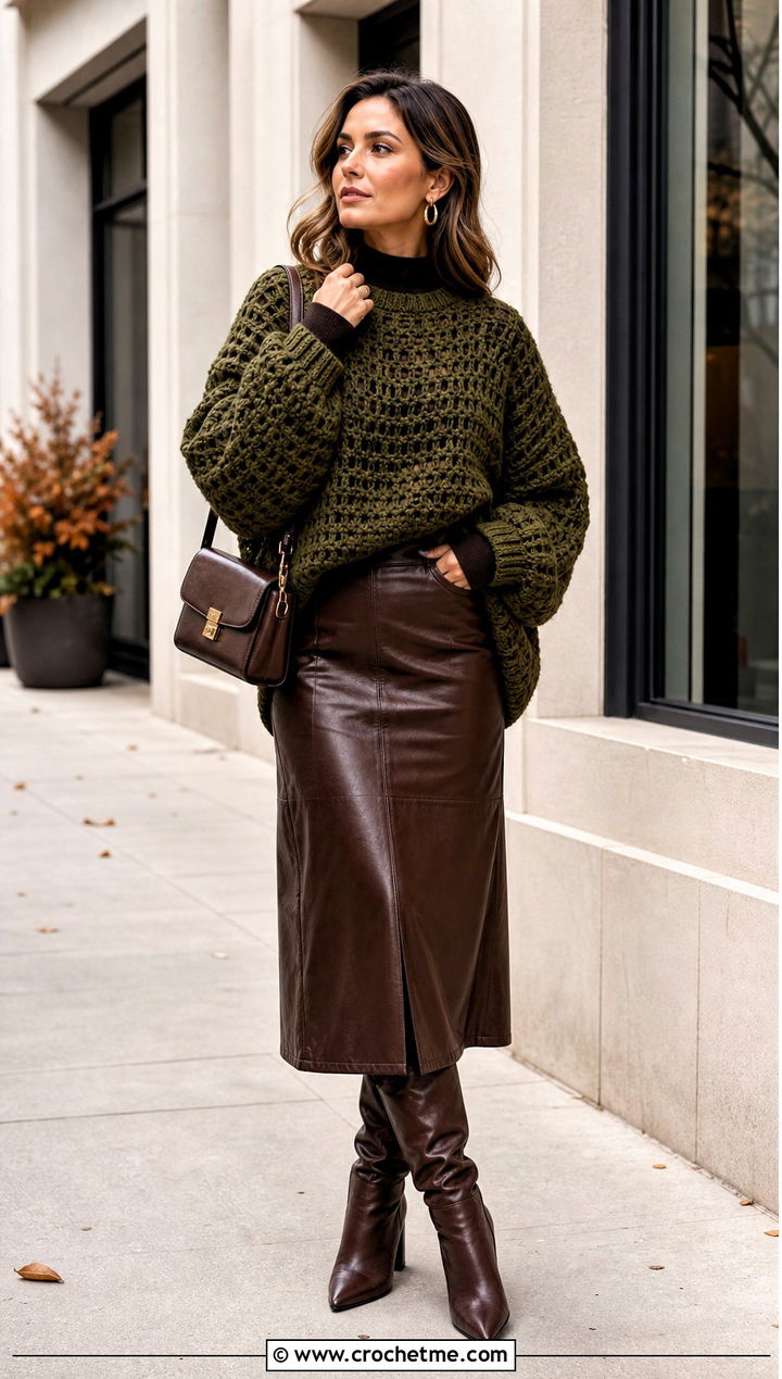 Chunky Crochet Sweater With Leather Midi Skirt - 20 crochet apparel and outfit ideas