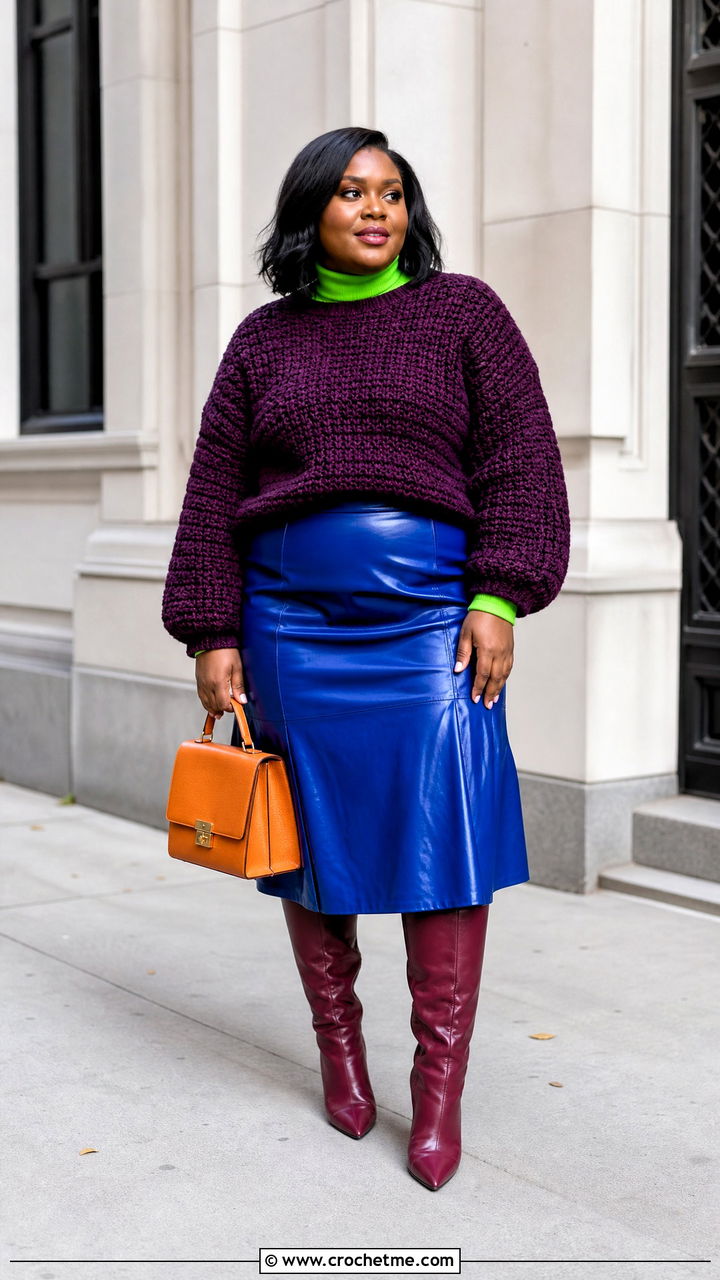 Chunky Crochet Sweater With Leather Midi Skirt - 35 crochet clothing and accessories ideas