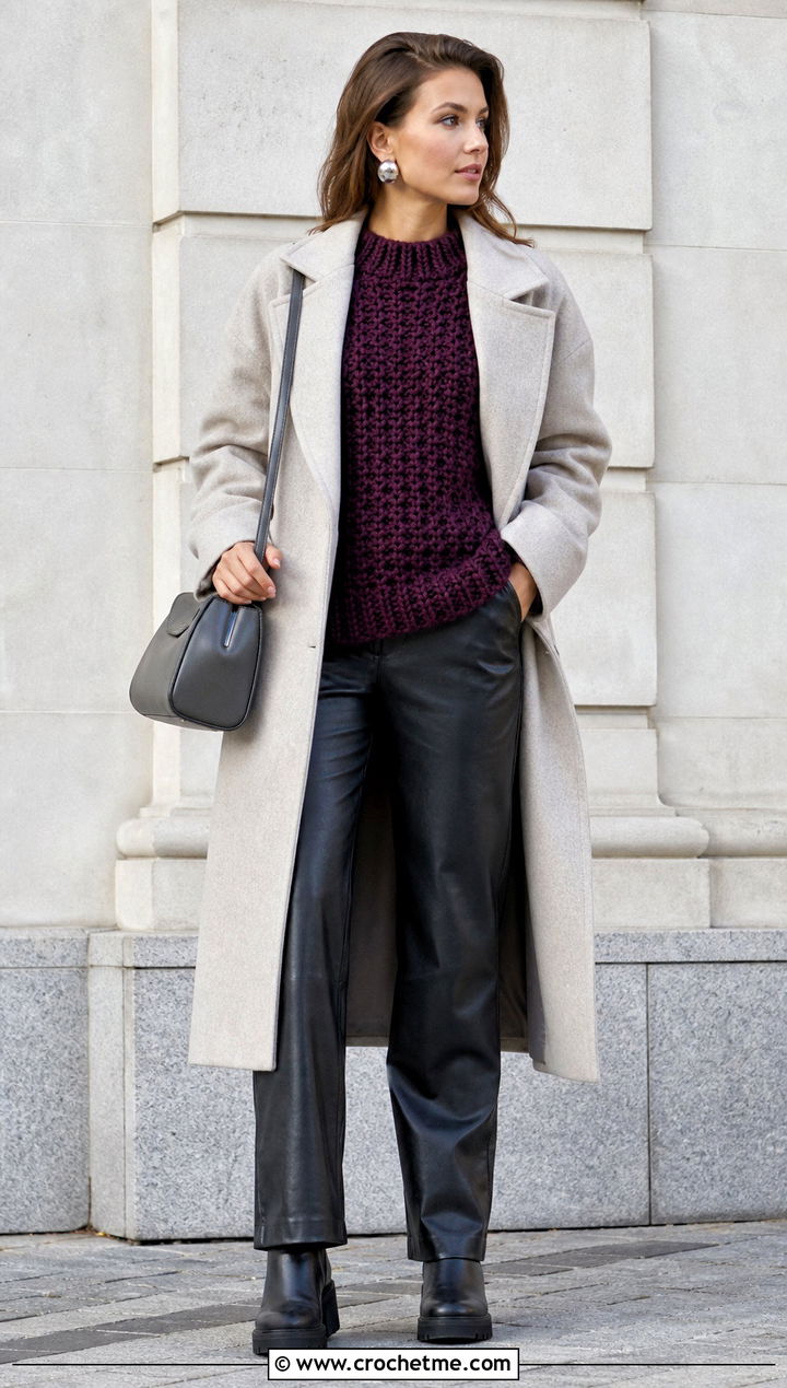 Chunky Crochet Sweater With Leather Pants - 25 90s crochet sweater outfit ideas