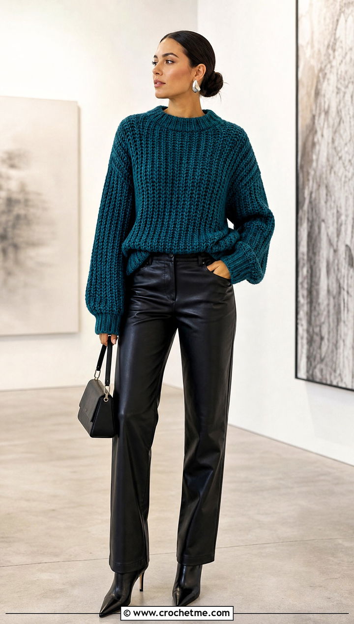 Chunky Crochet Sweater With Leather Pants - 25 Womens Crochet Sweater outfit ideas