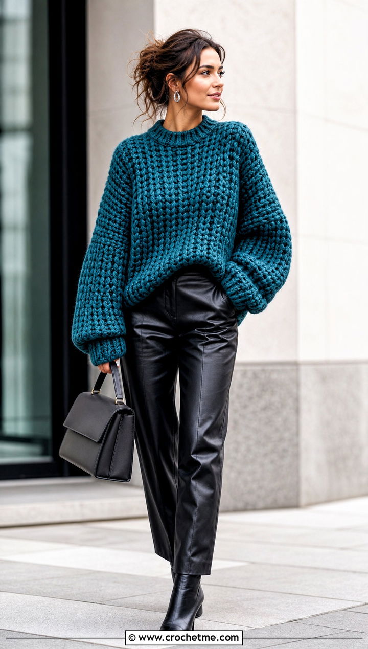 Chunky Crochet Sweater With Leather Pants - 15 Crochet Womens Sweaters outfit ideas