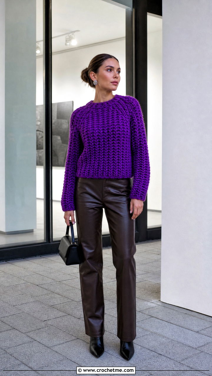Chunky Crochet Sweater With Leather Pants - 35 easy crochet sweater outfit ideas