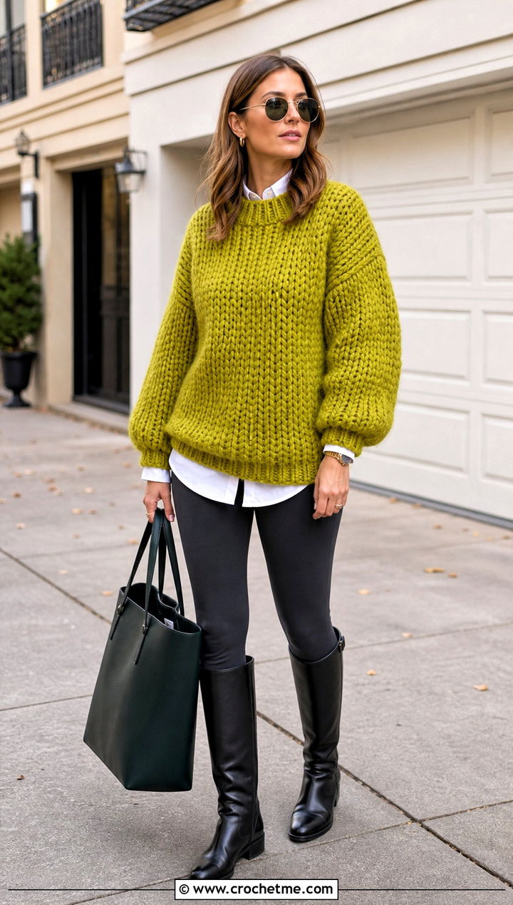 Chunky Crochet Sweater With Leggings - 35 easy crochet sweaters outfit ideas