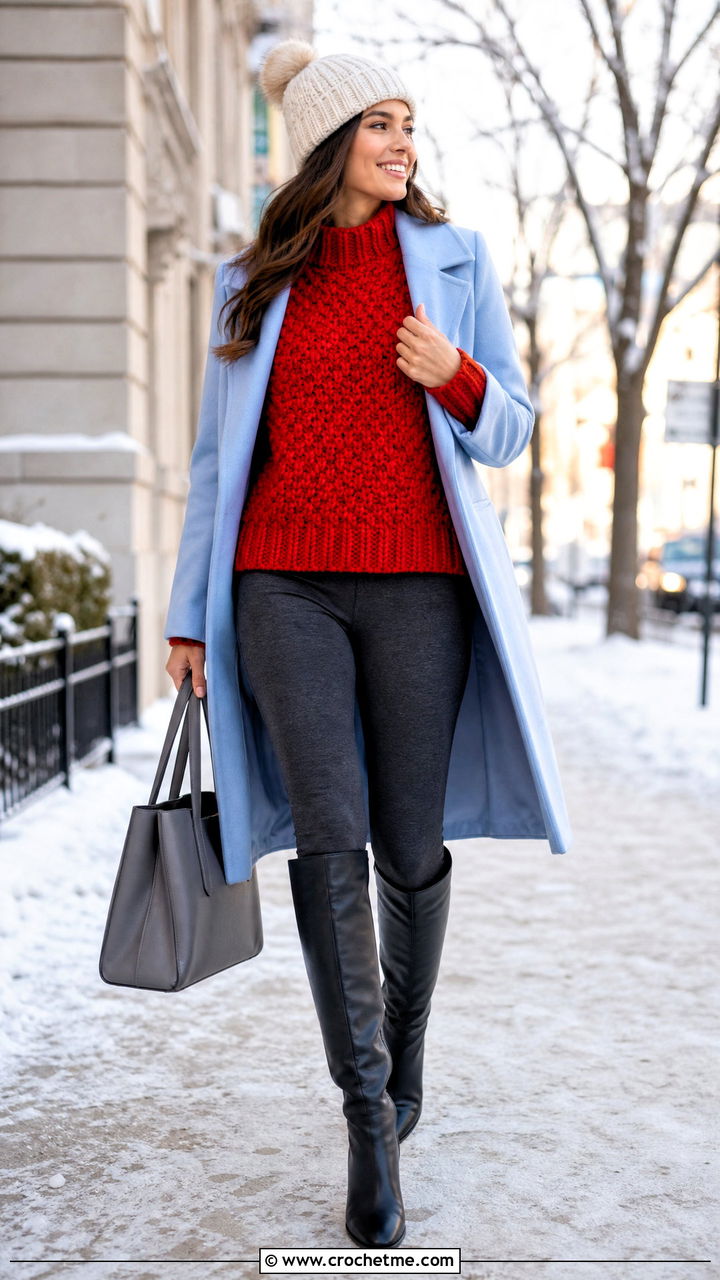 Chunky Crochet Sweater With Leggings And Boots - 35 cute crochet sweaters outfit ideas