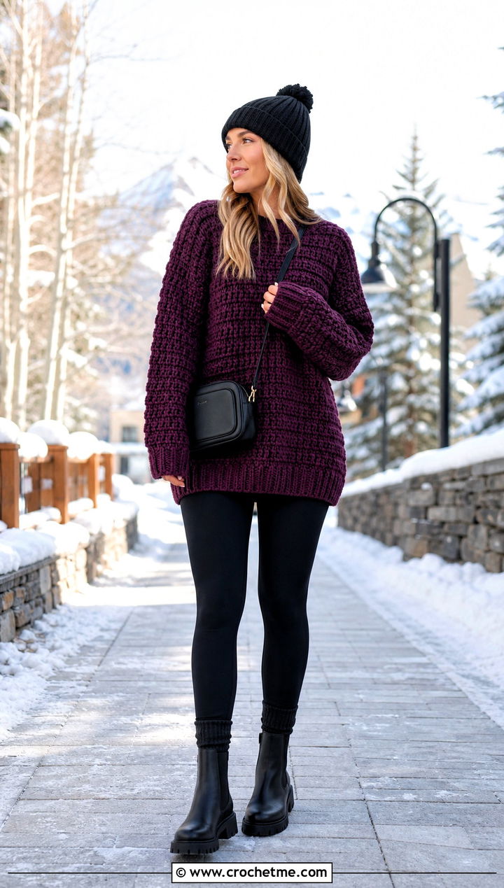 Chunky Crochet Sweater With Leggings - 35 crochet sweater women outfit ideas