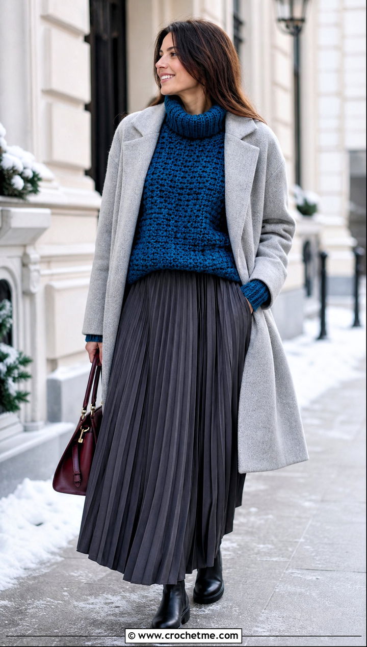 Chunky Crochet Sweater With Maxi Skirt - 20 Comfy Crochet Sweater outfit ideas