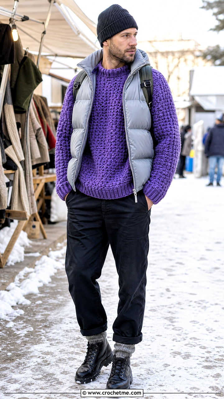 Chunky Crochet Sweater With Puffer Vest - 35 crochet mens sweater outfit ideas