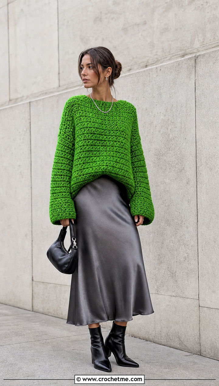 Chunky Crochet Sweater With Satin Midi Skirt - 25 Simple Crochet Clothes and outfit ideas