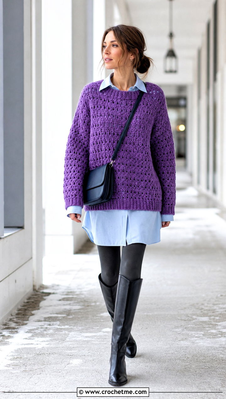 Chunky Crochet Sweater With Shirt Dress - 25 Woman Crochet Sweater outfit ideas