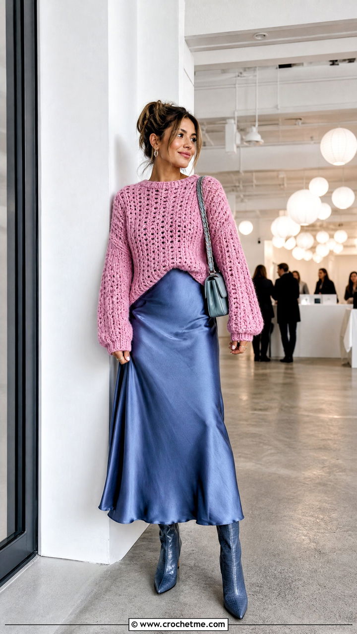 Chunky Crochet Sweater With Slip Dress - 35 crochet sweaters women outfit ideas