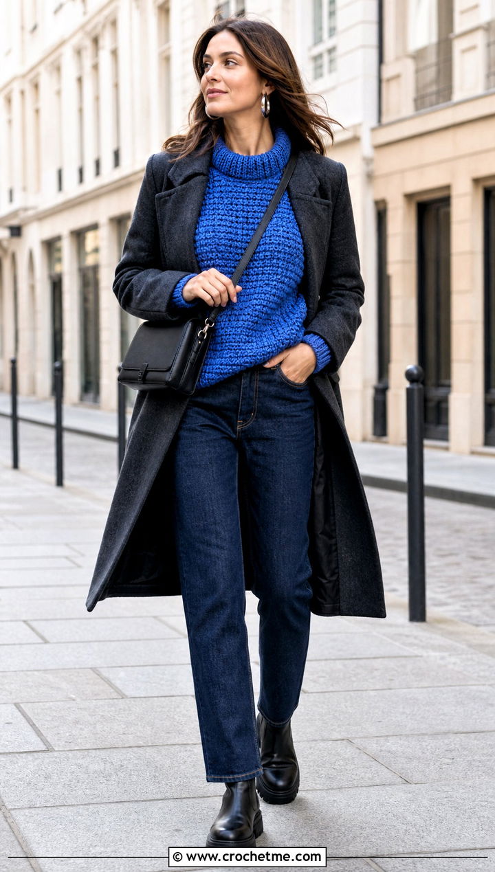 Chunky Crochet Sweater With Straight Leg Jeans - 30 crochet clothes for winter outfit ideas
