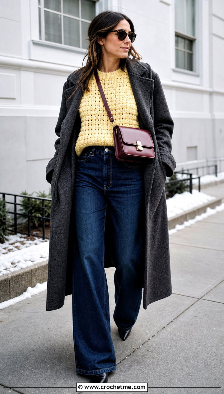 Chunky Crochet Sweater With Wide Leg Jeans - 30 winter crochet clothes ideas