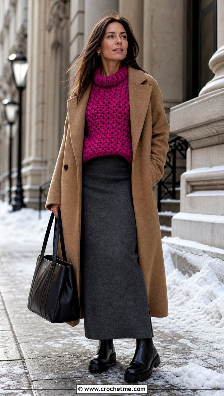 Chunky Crochet Sweater With Wool Coat And Maxi Skirt - 25 Crocheted Sweaters For Women outfit ideas